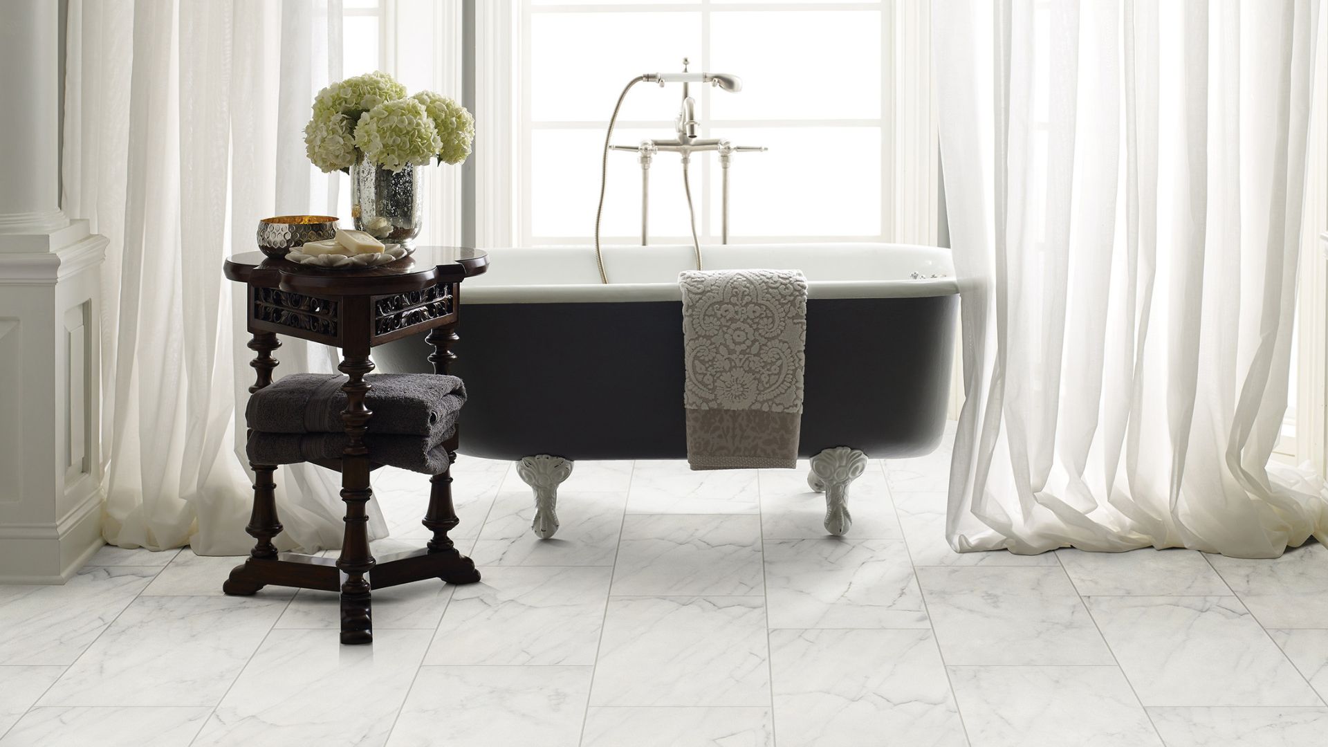 white tile file flooring in a bright and elegant bathroom 
